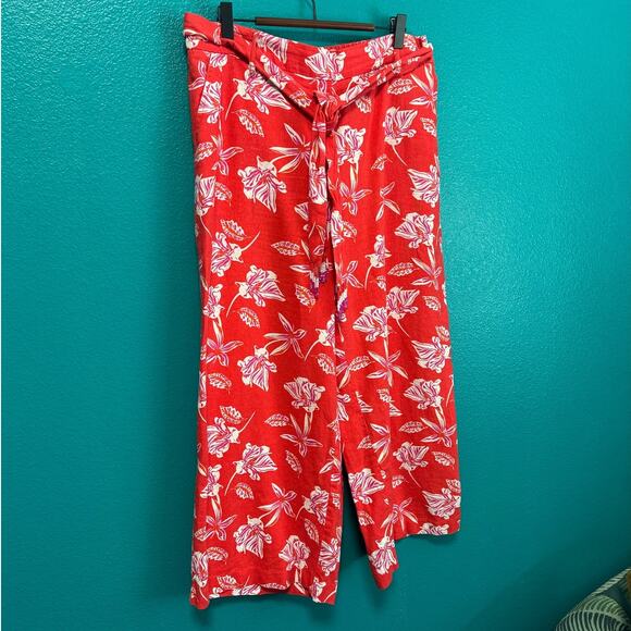 Maison d'Amelie Linen Blend Red Floral Beaded Sash Wide Leg Pant Women's Large - Picture 2 of 10